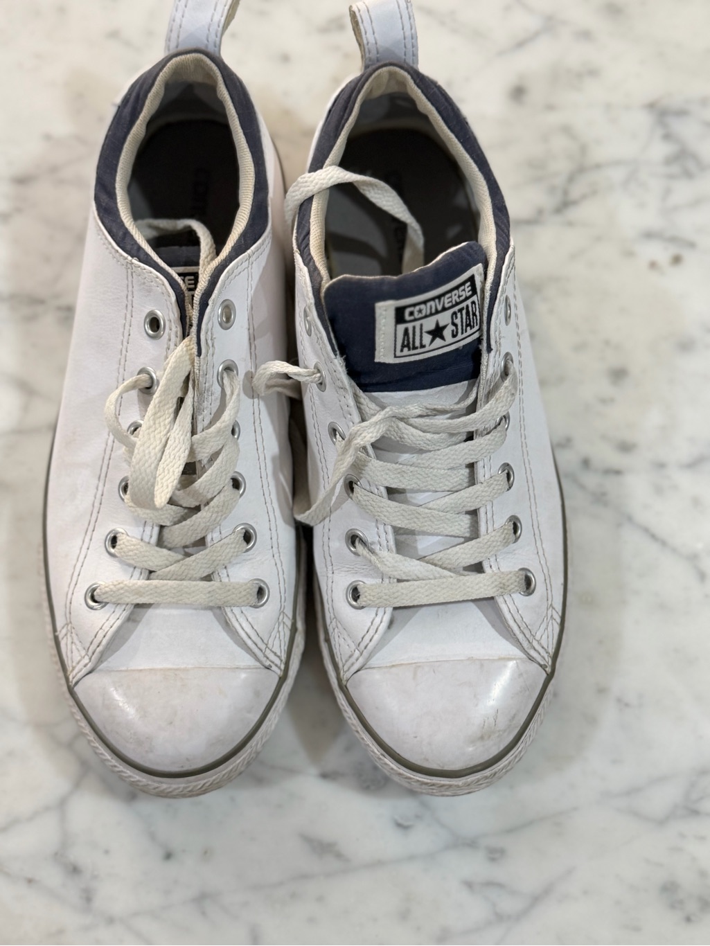 Converse White Low Top Sneakers With Navy Tongue